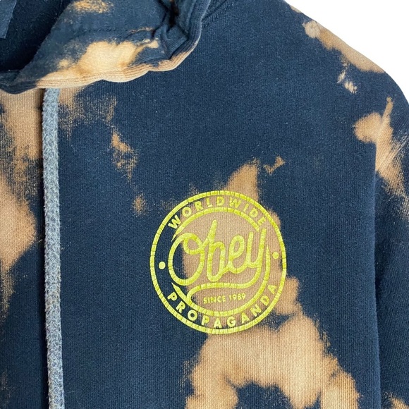 Obey Long Sleeve Hoodie Acid Wash Tie Dye Black Brown Kangaroo Pocket Medium - Picture 7 of 16